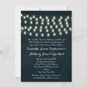 Rustic String Lights Navy Blue Wedding Kaart
