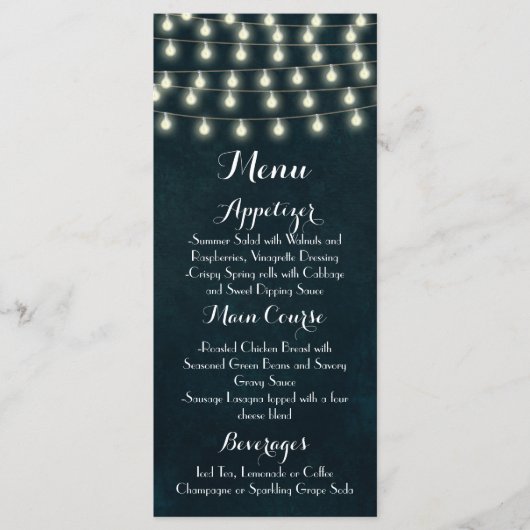 Rustic String Lights Navy Blue Wedding Menu (Voorkant)