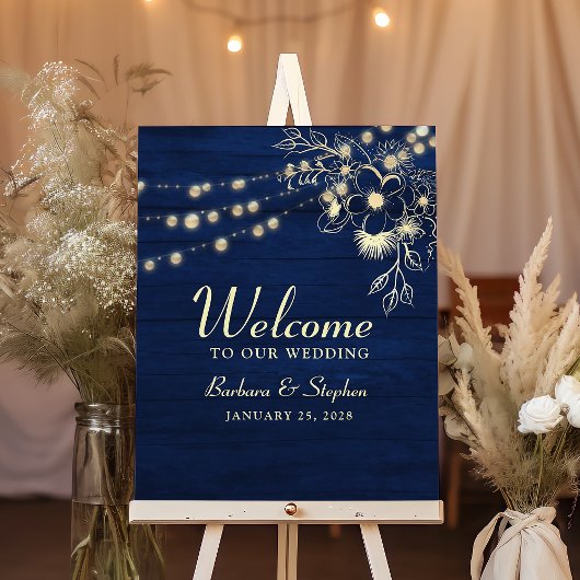 Rustic String Lights Navy Blue Wedding Welkom Poster
