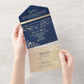Rustic String Lights Navy en Gold Wedding All In One Uitnodiging (Afscheurbaar)
