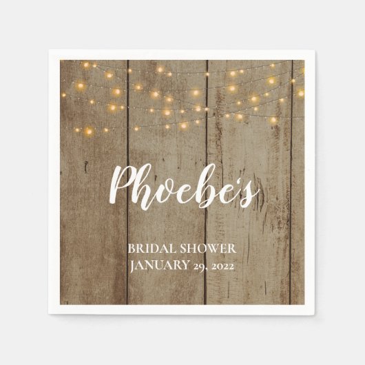 Rustic String Lights op Faux Wood Vrijgezellenfees Servet (Voorkant)