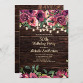 Rustic String Lights Paarse Floral 50th Birthday Kaart (Voorkant / Achterkant)