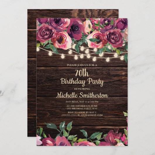 Rustic String Lights Paarse Floral 70th Birthday Kaart (Voorkant / Achterkant)