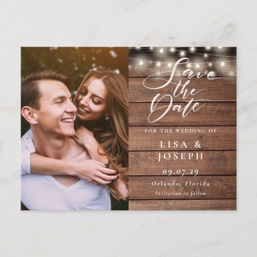Rustic String Lights Photo Wedding Save the Date Briefkaart (Voorkant)