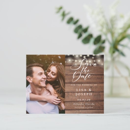 Rustic String Lights Photo Wedding Save the Date Briefkaart (Staand voorkant)