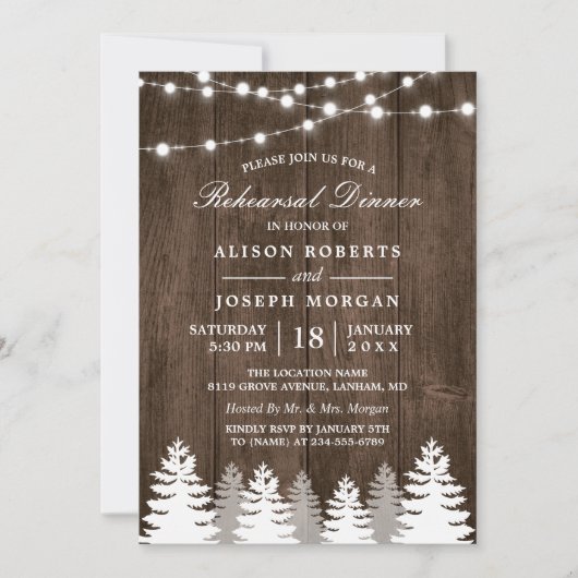 Rustic String Lights Pine Tree Rehearsal Dinner Kaart (Voorkant)