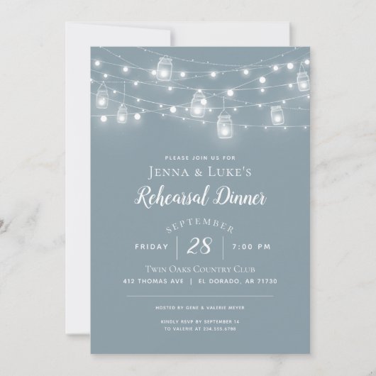 Rustic String Lights Rehearsal Dinner Invitation Kaart (Voorkant)