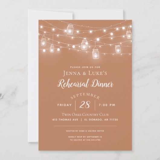 Rustic String Lights Rehearsal Dinner Invitation Kaart (Voorkant)