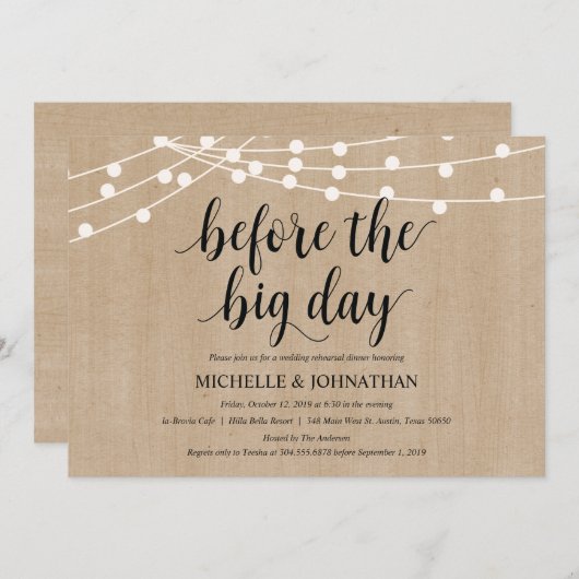 Rustic String Lights Rehearsal Dinner Invites Kaart (Voorkant / Achterkant)
