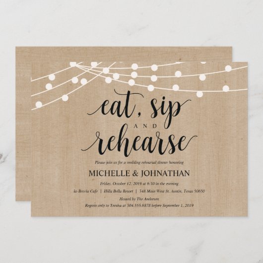Rustic String Lights Rehearsal Dinner Invites Kaart (Voorkant / Achterkant)
