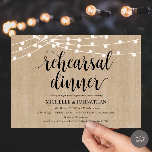 Rustic String Lights Rehearsal Dinner Invites Kaart