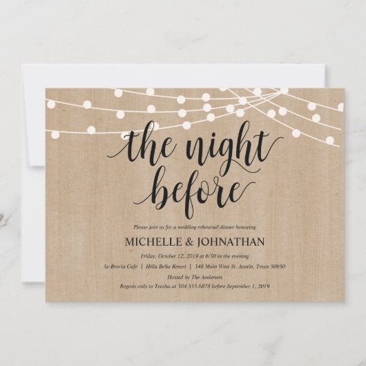 Rustic String Lights Rehearsal Dinner Invites Kaart (Voorkant)