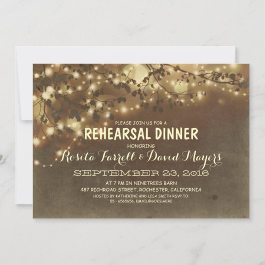 Rustic String Lights Romantic Rehearsal Dinner Kaart (Voorkant)