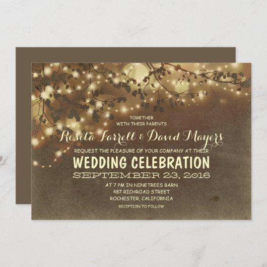 Rustic String Lights Romantische Huwelijksuitnodig Kaart (Voorkant / Achterkant)