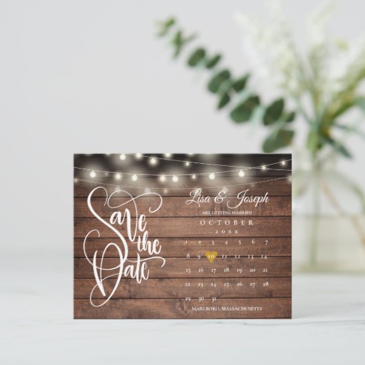 Rustic String Lights Save the Date Calendar Photo Aankondigingskaart (Staand voorkant)