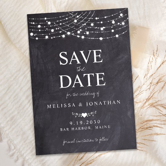 Rustic String Lights Slate Chalkboard Weddenschap  Save The Date
