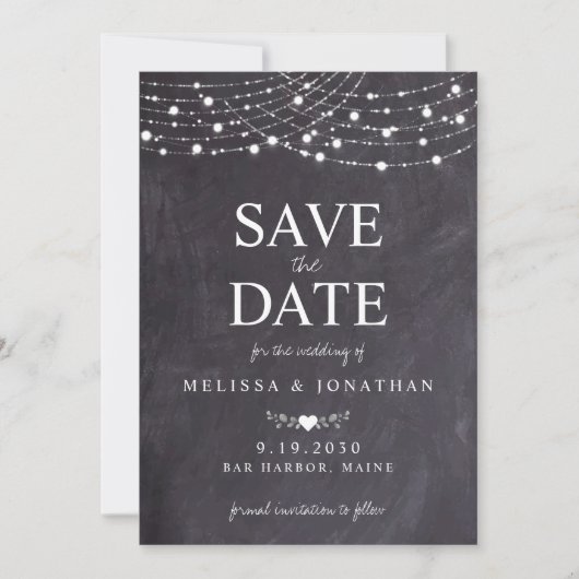 Rustic String Lights Slate Chalkboard Weddenschap  Save The Date (Voorkant)