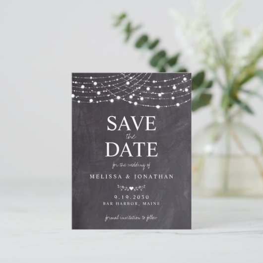 Rustic String Lights Slate Chalkboard Weddenschap  Uitnodiging Briefkaart (Staand voorkant)