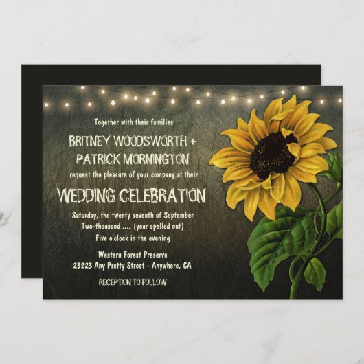 Rustic String Lights Sunflower Mariage Invitations (Devant / Derrière)