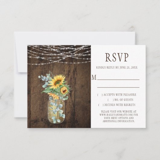 Rustic String Lights Sunflower Mason Jars RSVP Kaart (Voorkant)