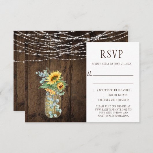 Rustic String Lights Sunflower Mason Jars RSVP Kaart (Voorkant / Achterkant)