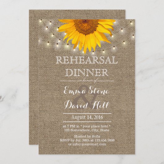 Rustic String Lights & Sunflower Rehearsal Dinner Kaart (Voorkant / Achterkant)