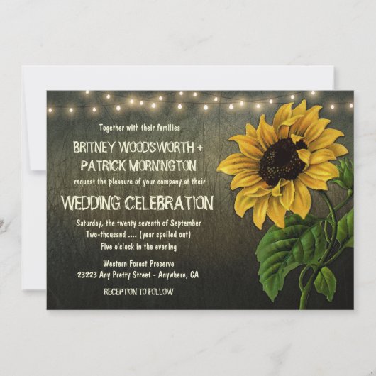 Rustic String Lights Sunflower Wedding Invitting Kaart (Voorkant)