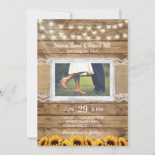 Rustic String Lights & Sunflower Wedding Photo Kaart (Voorkant)
