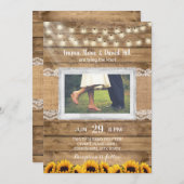 Rustic String Lights & Sunflower Wedding Photo Kaart (Voorkant / Achterkant)