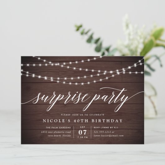 Rustic String Lights Surprise Party Invitation (Debout devant)