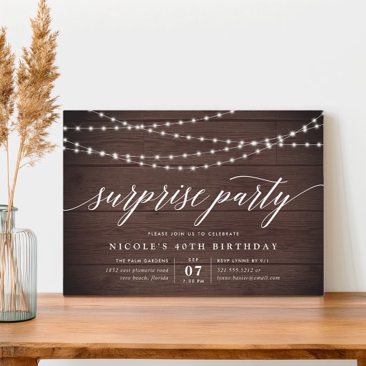 Rustic String Lights Surprise Party Invitation