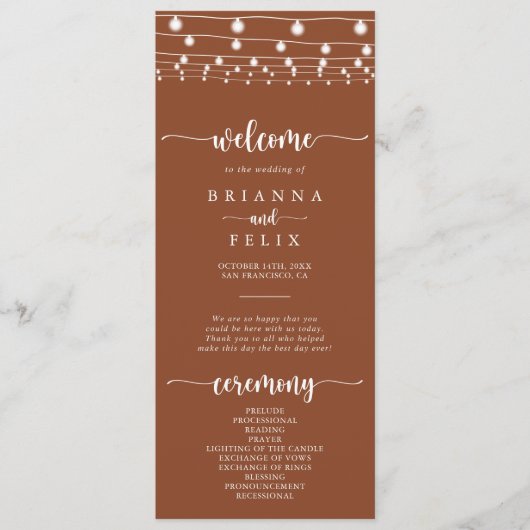Rustic String Lights Terracotta Wedding Programme (Devant)