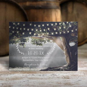 Rustic String Lights Tree & Lake Wedding Kaart