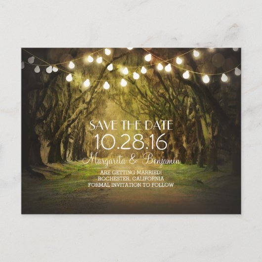 Rustic String Lights Tree Path Sla de datum op Aankondigingskaart (Voorkant)
