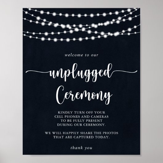 Rustic String Lights Unplugged Ceremony Sign Poster (Voorkant)