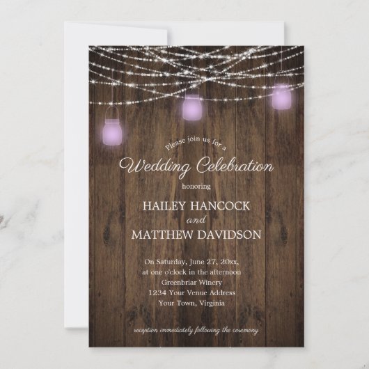 Rustic String Lights Violet Mason Jars Wedding Inv Kaart (Voorkant)