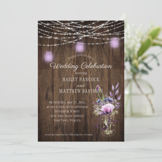 Rustic String Lights Violet Mason Jars Wedding Kaart (Staand voorkant)