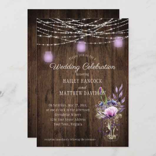 Rustic String Lights Violet Mason Jars Wedding Kaart (Voorkant / Achterkant)