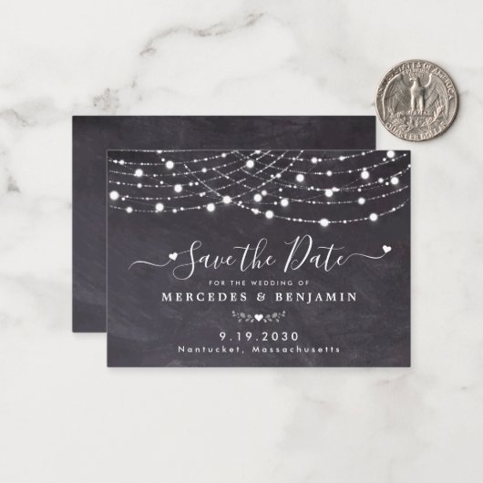 Rustic String Lights Wedding Save the Date Slate Notitiekaartje (Voorkant / Achterkant in situ)