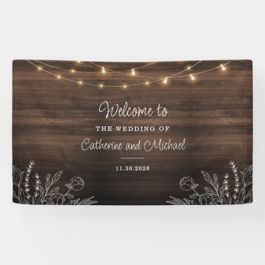 Rustic String Lights Welkomstbruiloft Spandoek (Horizontaal)