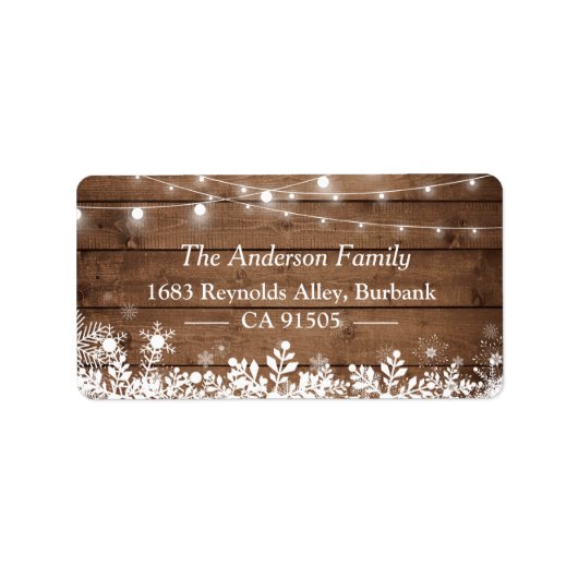 Rustic String Lights Winter Kerstsnowflakes Etiket (Voorkant)