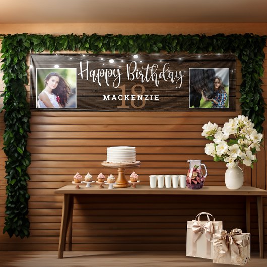 Rustic String Lights Wood 18th Birthday Foto Spandoek