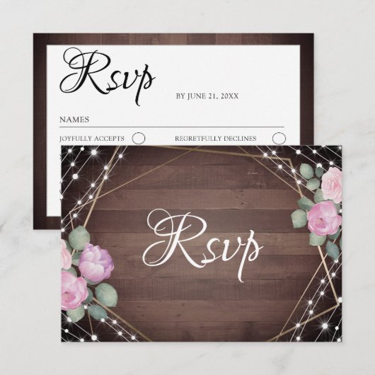 Rustic String Lights Wood & Floral RSVP Wedding  (Devant / Derrière)
