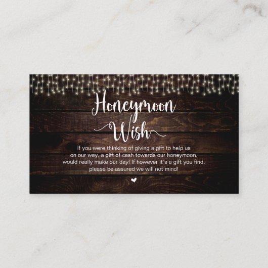 Rustic String Lights, Wood, Honeymoon Wish Informatiekaartje (Voorkant)