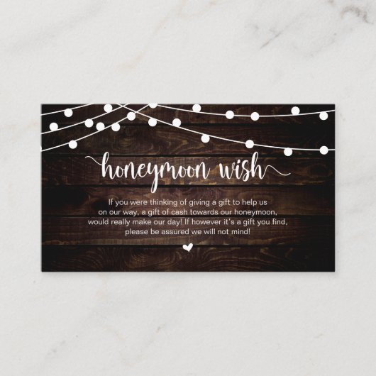 Rustic String Lights, Wood, Honeymoon Wish Informatiekaartje (Voorkant)
