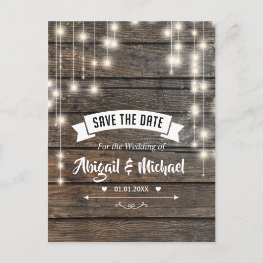 Rustic String Lights Wooden Save The Date Briefkaa Aankondigingskaart (Voorkant)