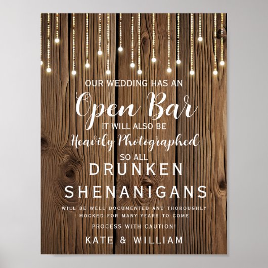 Rustic String of light Open Bar trouwbord Poster (Voorkant)