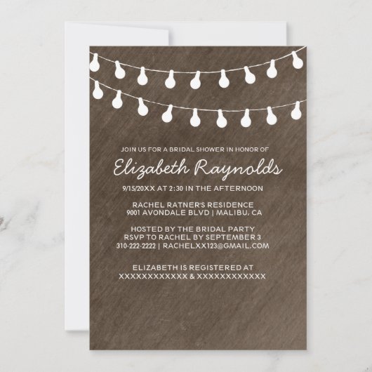 Rustic String of Lights Bridal Shower Invitations Kaart (Voorkant)