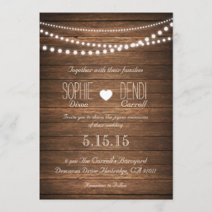 Rustic String of Lights Wedding Invite (Off White) Kaart