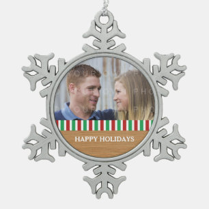 Rustic Stripes Holiday Photo Pewter Ornament